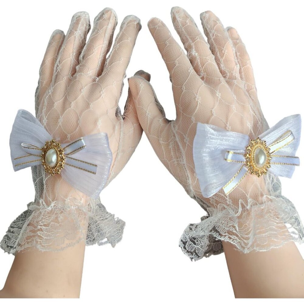 Women's Hand Sleeve White Bow Lace Gloves Wedding Halloween Costume Party Prom
